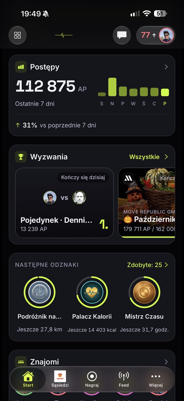 Ekran startowy aplikacji — postępy, wyzwania, odznaki